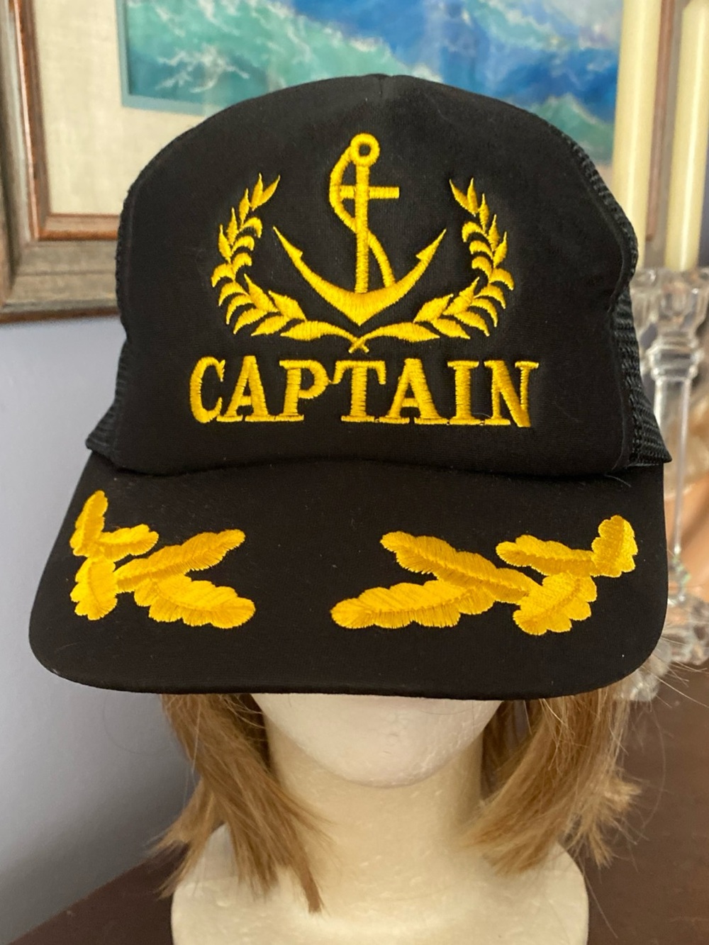 ! Vintage Black Captain Snapback Trucker Hat Mesh Back Gold Leaf w/ Anchor